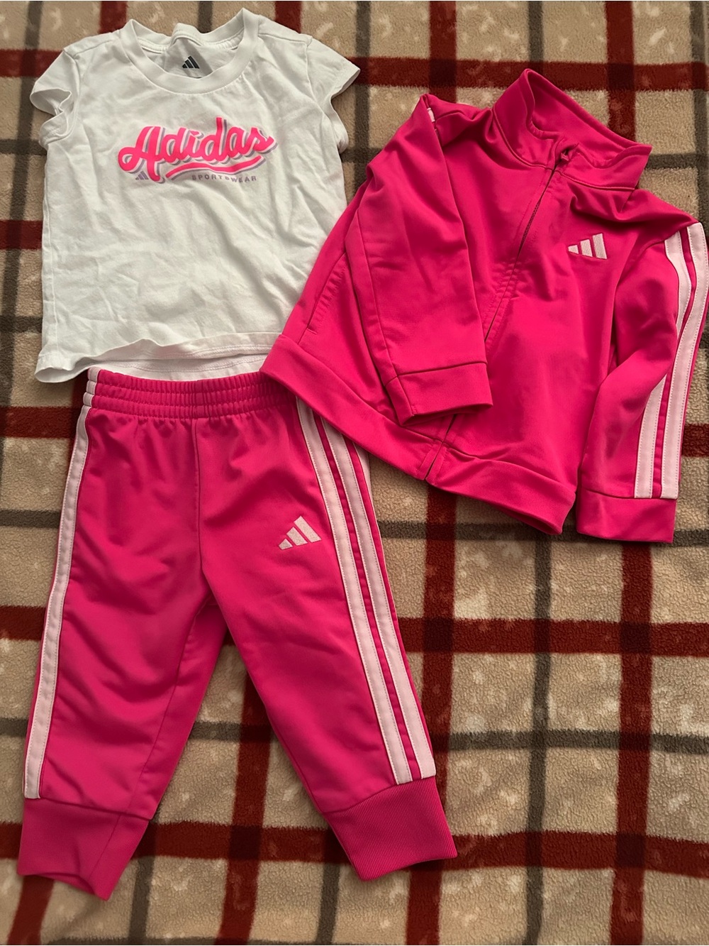 adidas Hot Pink Girls 3-Piece Tracksuit with White Tee